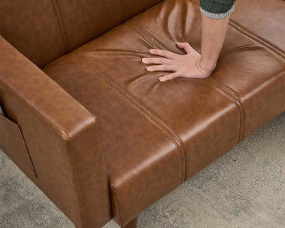 75" Futon Sofa Bed, Mid-Century Modern Futon Couch, Convertible Sleeper Sofa with Adjustable Backrest, Side Pocket, PU Leather Couch for Living Room, Brown