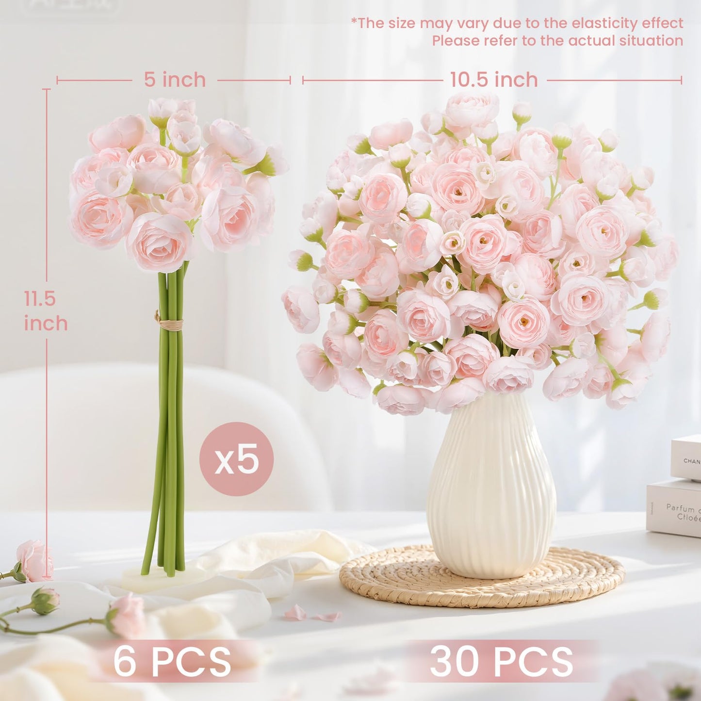 Alupssuc 30Pcs Ranunculus Artificial Flowers Faux Silk Mini Ranunculus, Spring Flowers Artificial Indoor for DIY Bouquets, Bulk Fake Wedding Filler Flowers for Bride Shower Decorations, Shabby Blush
