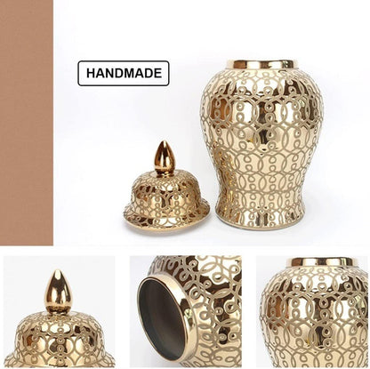 AJJBSS Tea Tin Gold Ginger Jars for Home Decor, Handcrafted and Hand Painted Decorative Ceramic Jar Vase with Lid，Carved Patterned Temple Jar (Size : Large)
