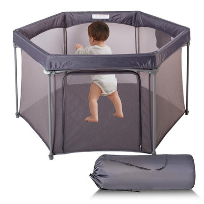 Baby Playpen 53x53 Inch, Indoor/Outdoor Portable Play Yard No Extra pad Required with Breathable Mesh Walls, Enclosed Safe Space for Babies, Quick Foldable Playpen for Home Travel Park (Grey)
