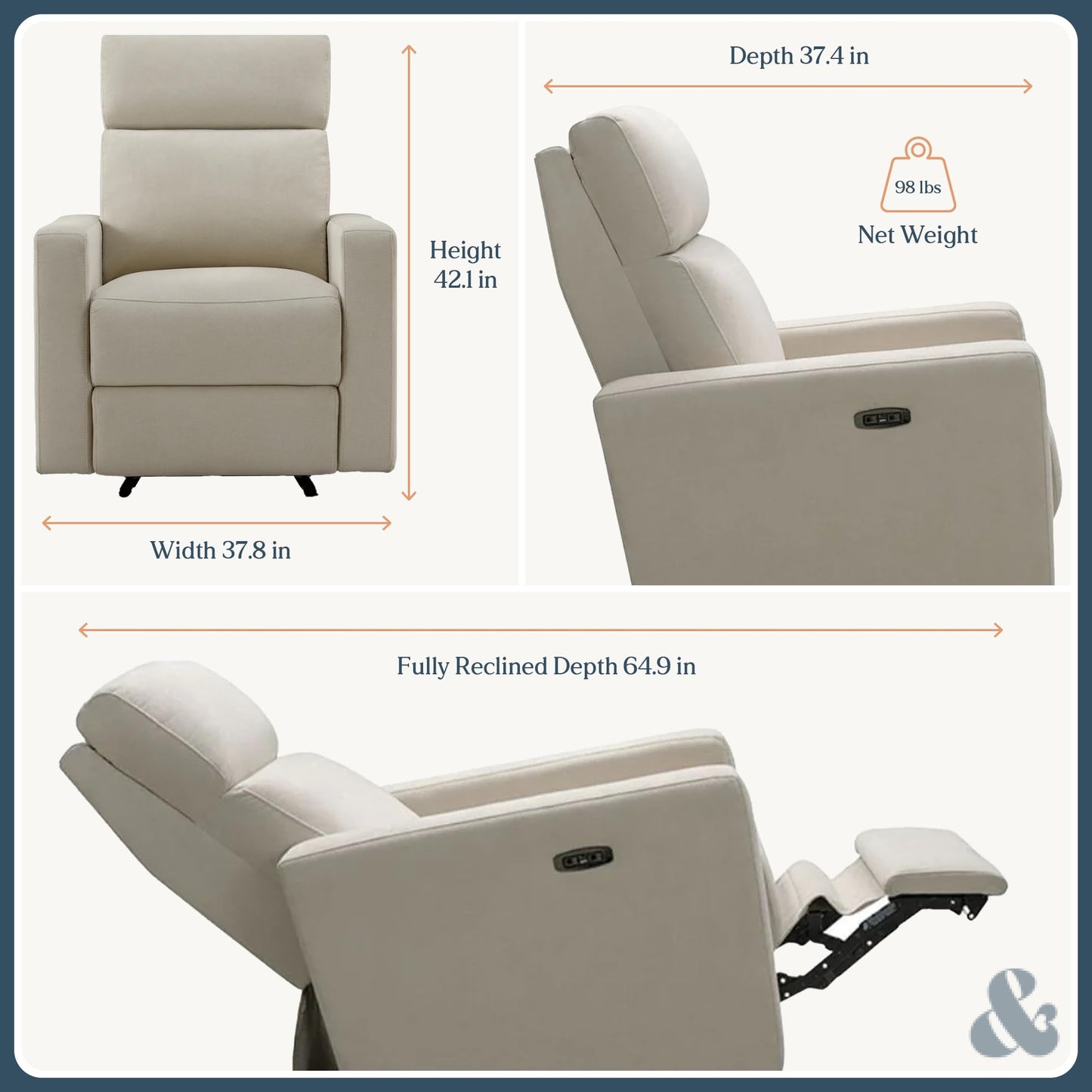 Nurture& The Glider Premium Power Recliner Nursery Glider Chair with Adjustable Head Support | Designed with a Thoughtful Combination of Function and Comfort | Built-in USB Charger (Ivory)
