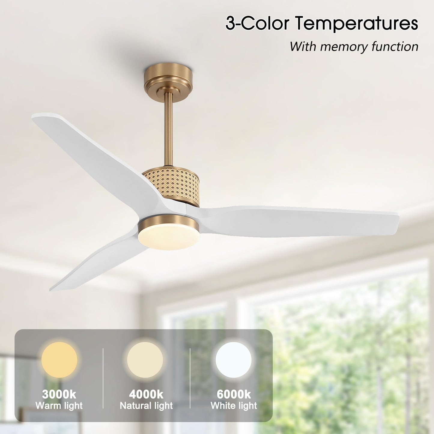 LEDLUX 52" Ceiling Fan with Light – Remote Control, Solid Wood, Quiet Reversible DC Motor, White/Gold Finish, Includes 4.5"/12" Downrods, Noiseless Ceiling Fan for Bedroom, Living Room, Porch