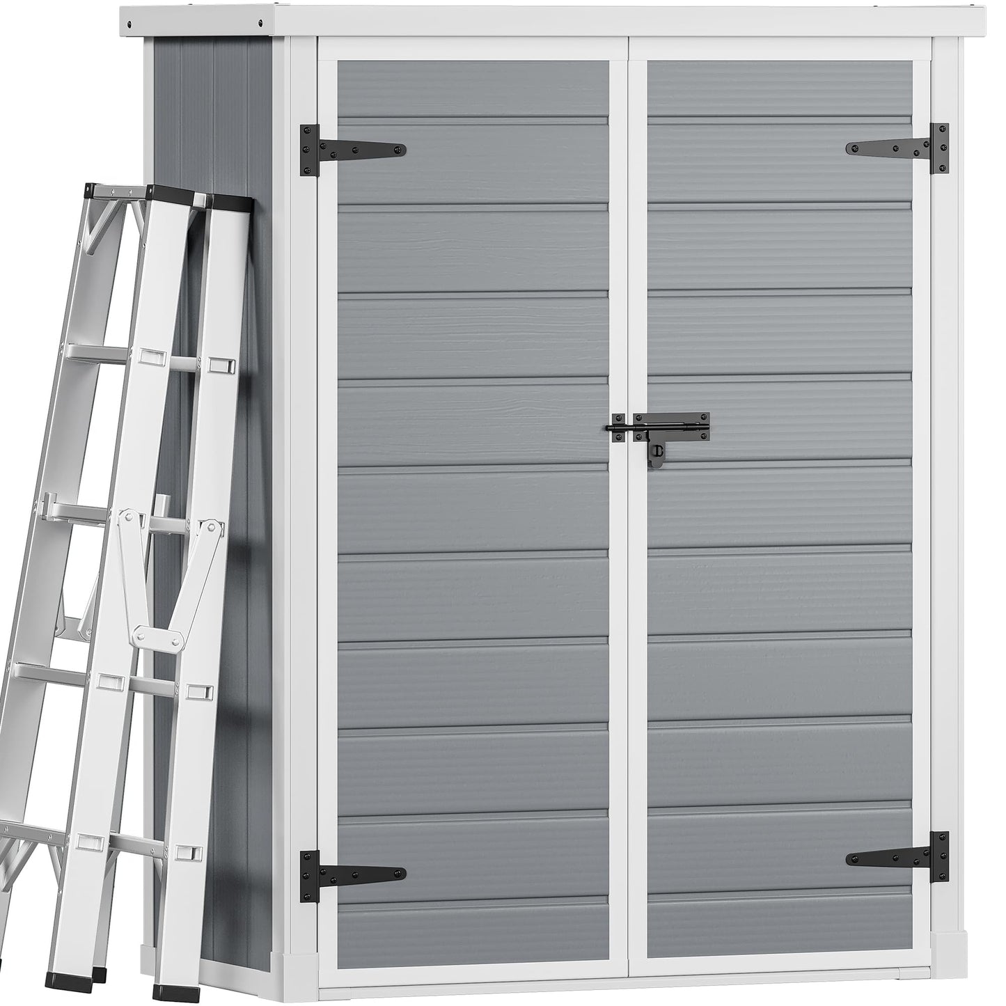 DWVO 50 Cuft Outdoor Tall Storage Shed with 2 Shelves, 4.3x2x5.5ft Vertical Tool Shed with Floor & Lockable Doors, Sturdy Double-Wall Plastic Cabinet for Garbage Cans and Garden Equipment (Gray)