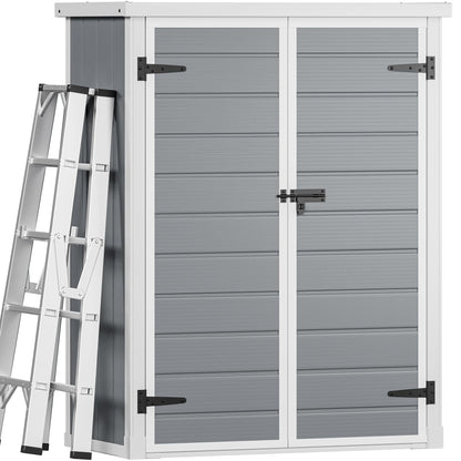 DWVO 50 Cuft Outdoor Tall Storage Shed with 2 Shelves, 4.3x2x5.5ft Vertical Tool Shed with Floor & Lockable Doors, Sturdy Double-Wall Plastic Cabinet for Garbage Cans and Garden Equipment (Gray)