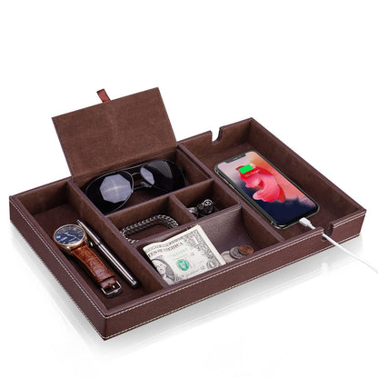 Baoyun Mens Nightstand Organizer, Leather Valet Tray for Men, EDC Catchall Tray with Phone Charging Station, Dresser Top Organizer, 6 Compartments Entryway Valet Box for Wallet, Keys, Phone