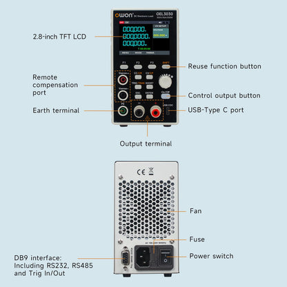 OWON Programmable DC Electronic Load OEL3030, DC 300V 30A Maximum 300W, USB/RS232, CV CC CR CP 4 Operation Modes, 5kHz Dynamic, Lab Bench Power Tester with 2.8” TFT Color LCD Display