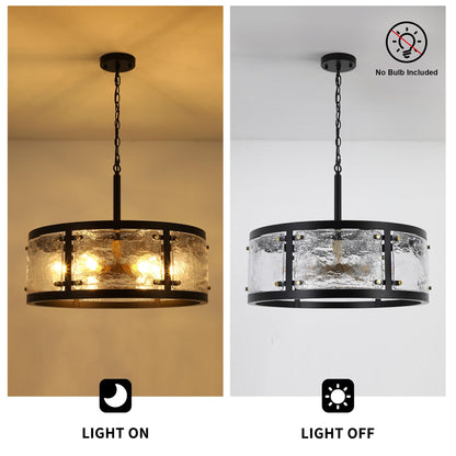 CNRATYE 23.6" Large Farmhouse Drum Black Chandelier, 6-Light Vintage Round Glass Chandeliers for Dining Room, Industrial Light Fixture for Kitchen Living Room Stairwell, Clear Waterglass Drum Shade