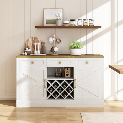 JGOEI 55.12" Kitchen Cabinet Storage, Farmhouse Coffee Bar with Power Outlet, Wood Cabinet with 3 Drawer, Removable Wine Rack for Dining Room, Kitchen, Living Room, White