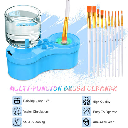 Painting Station, Silicone Painting Mat and Paint Brush Cleaner, 20"X16" Silicone Art Mat with 10 Paint Brushes, Paint Brush Rinser, Art Painting Supplies Set (Blue)