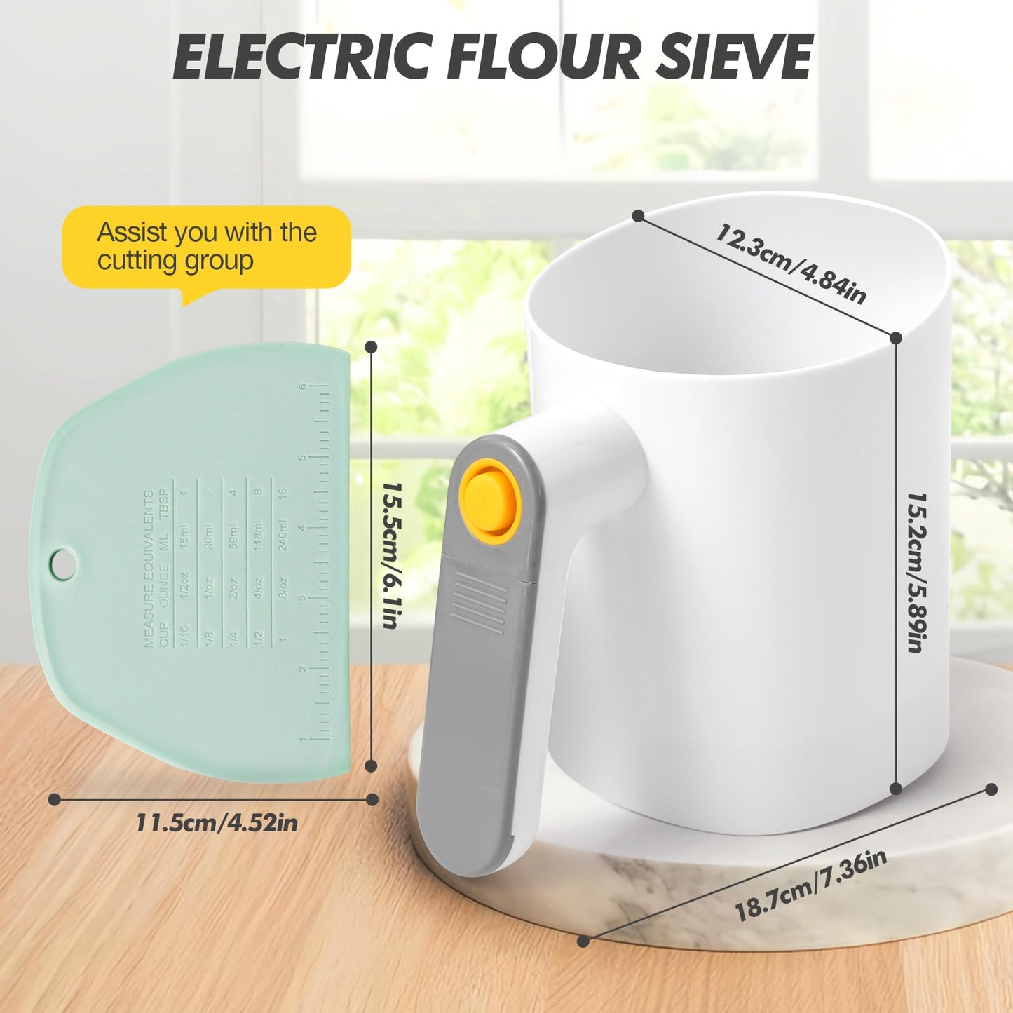 Electric Flour Sifter, Battery Operated Flour Sifter for Baking with Dough Scraper, Ergonomical Handle Flour Sieve for Cooking, Pastry Baking, Easy to Clean