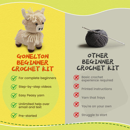 GONELYON Crochet Kit for Beginners, 2 PCS Crochet Animal Kit Highland Cattle, with Step-by-Step Video Tutorials, Beginner Crochet Kit for Adults, DIY Amigurumi Animal Craft Kit