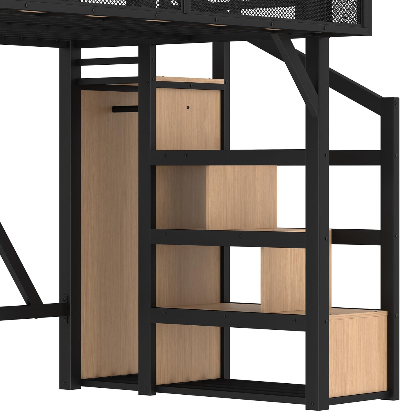 Bellemave Twin XL loft Bed with Storage Stairs, Wardrobe, Shelves, Metal Twin XL Size Loft Bed Frame for Adults, Kids, Teens, Black+Natural Wood