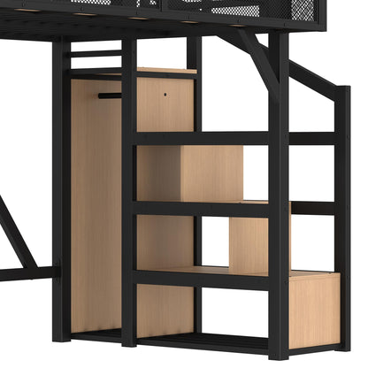 Bellemave Twin XL loft Bed with Storage Stairs, Wardrobe, Shelves, Metal Twin XL Size Loft Bed Frame for Adults, Kids, Teens, Black+Natural Wood
