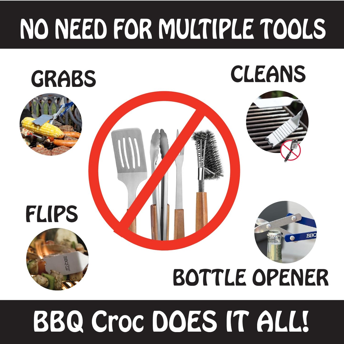 3 in 1 Barbecue Tool 18-inch by BBQ Croc - Light and Long Tongs, Spatula and Grill Scraper (Blue) (18 inch Without Flashlight)