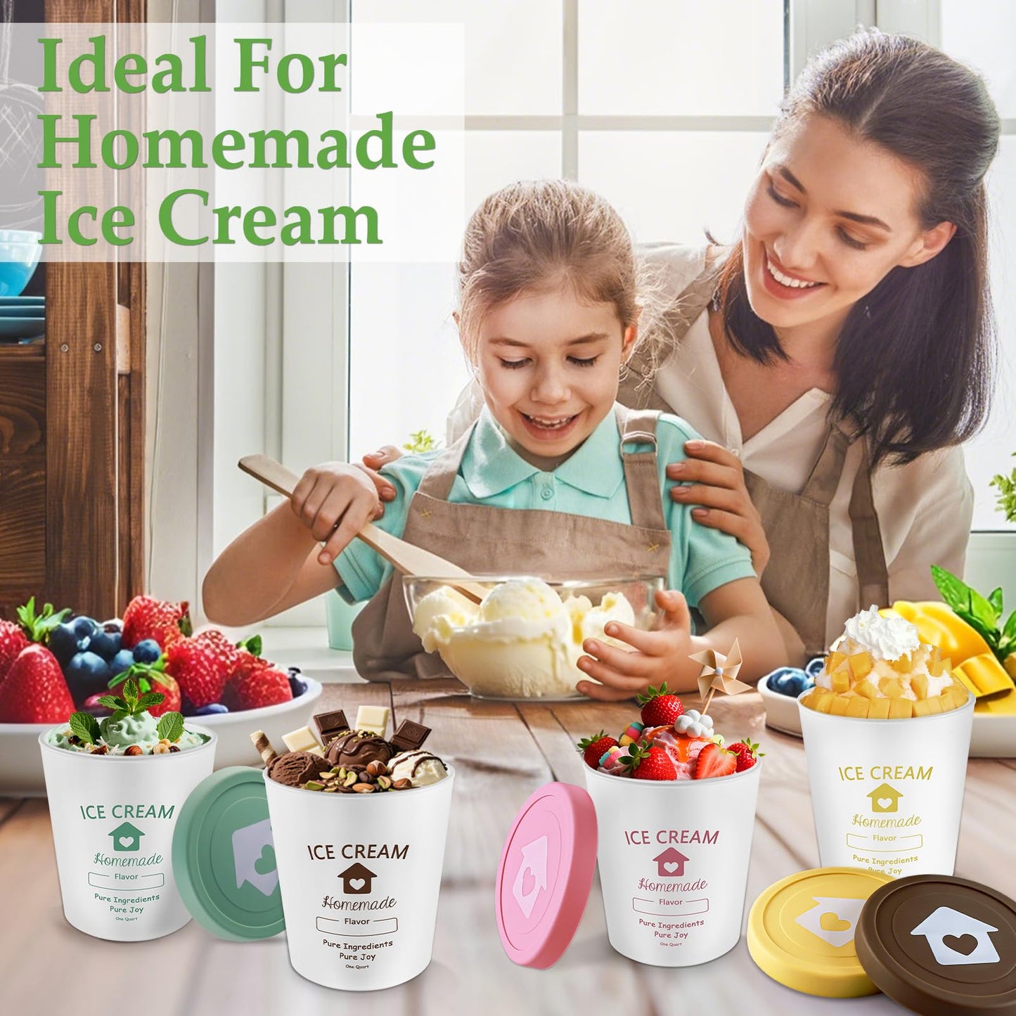 cyrico Ice Cream Containers with Silicone Lids for Homemade Ice Cream, 4 Pack 1 Quart Each Reusable Sorbet Frozen Yogurt Storage Containers Set BPA Free Stackable Leakproof Dishwasher Freezer Safe