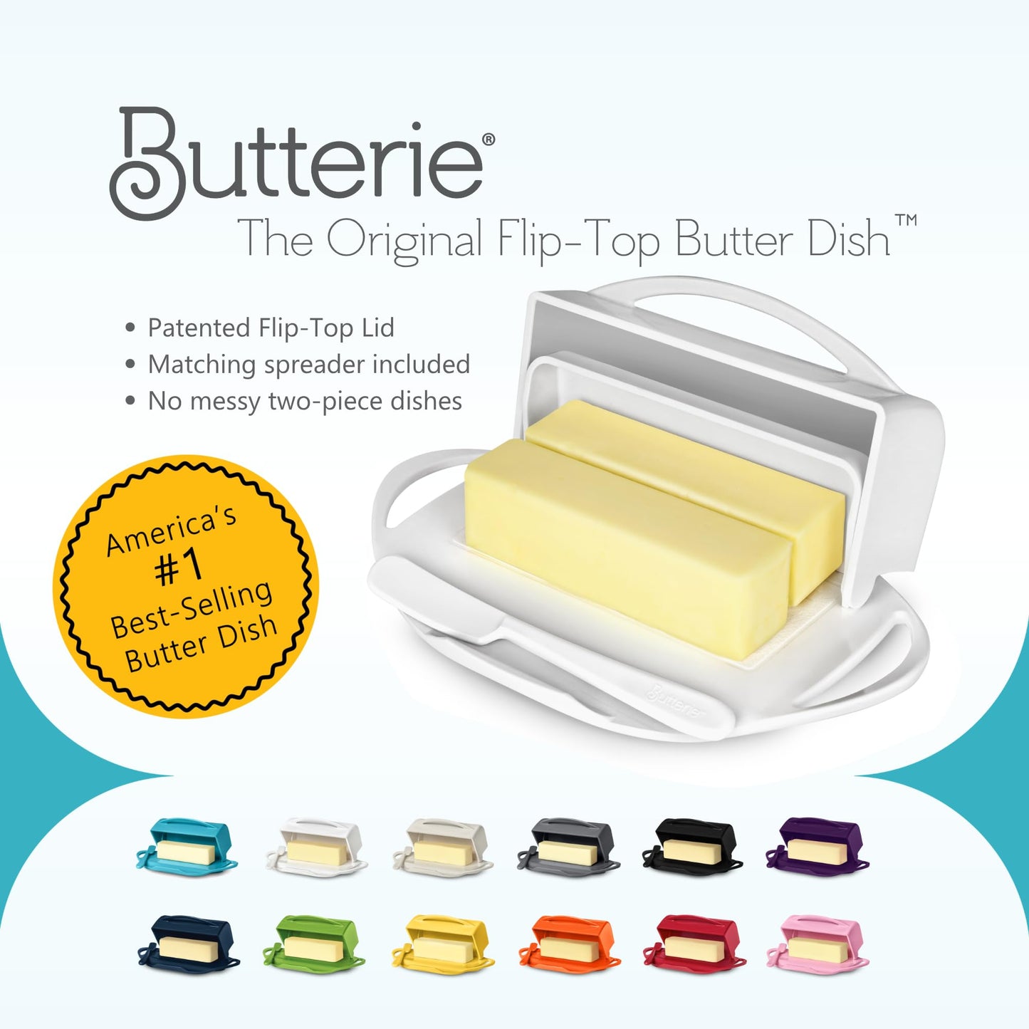 Butterie Flip Top Butter Dish with Attached Lid & Matching Knife - Holds 2 Sticks, Fits Kerrygold/European Butter - BPA Free & Dishwasher Safe - White