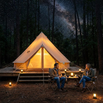 Canvas Bell Tent with Stove Jack, Glamping Yurt Tent for 360° Ventilated Mesh with Zipped Removable Floor, 4 Season Family House Hot Tents for All Year Living (Beige- 4M- 173 sq. ft yurt)