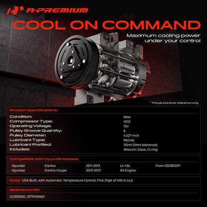 A-Premium AC Compressor with Clutch Compatible with Hyundai Elantra 1.8L 2011-2013, Elantra Coupe 1.8L 2013, with Automatic Temperature Control Only (NOT Manual), with 3-Pin Connector