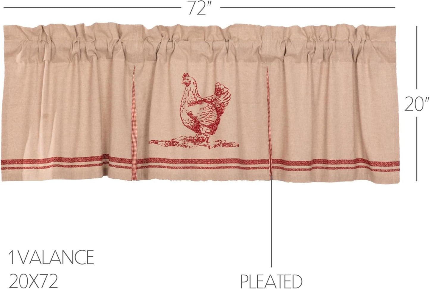 VHC Brands Sawyer Mill Chicken Pleated Curtain Valance, Red, 20x72