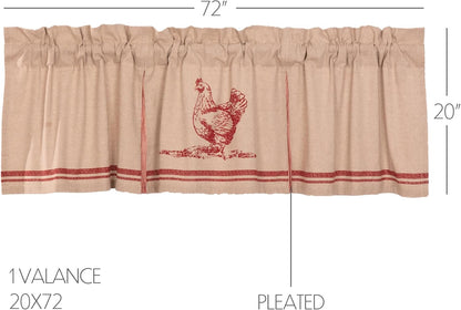 VHC Brands Sawyer Mill Chicken Pleated Curtain Valance, Red, 20x72