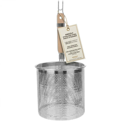 Angoily Mesh Pasta Strainer 1 Gal Stainless Steel 6.5" Deep Noodles Basket Hot Pot Colander with Wooden Handle 3.7L Boiling Spider Strainer for Cooking Dumpling Vegetable Food
