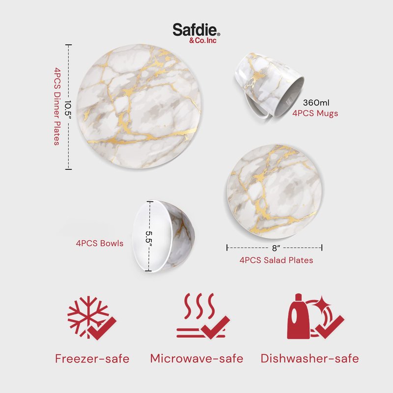 Safdie & Co 16-Piece Modern Premium Porcelain Ceramic Dinner Set, Lightweight Designed, Stackable, in Gold Marble/Gray Finish