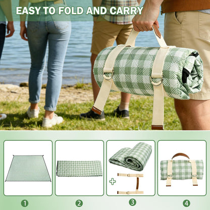 Extral Large Outdoor Waterproof Picnic Blanket With Shoulder Strap, 80"X80" 3-Layer Windproof Foldable Picnic Mat with Corner Nails, Machine Washable, Camping, Lawn Park Grass, Travel, Beach, Green