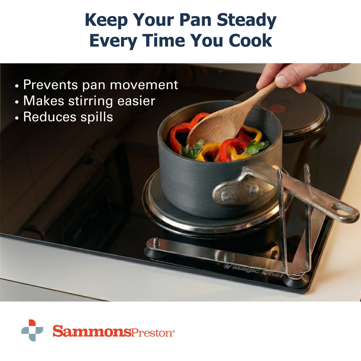 Sammons Preston Folding Pan Holder, Pot Stabilizer for One-Handed Stirring, Secure & Stable Kitchen Aid for Pan & Pot Turn Prevention, Spill Prevention for Stove Top Cooking