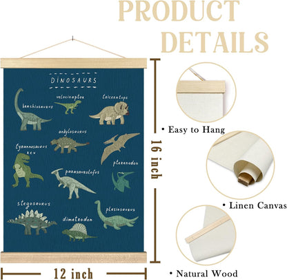 12x16 Inches BCUANGD Dinosaur Dino Wall Decor - Dark Blue Baby Toddler Boys Room Wall Art Poster Hanger with Wood