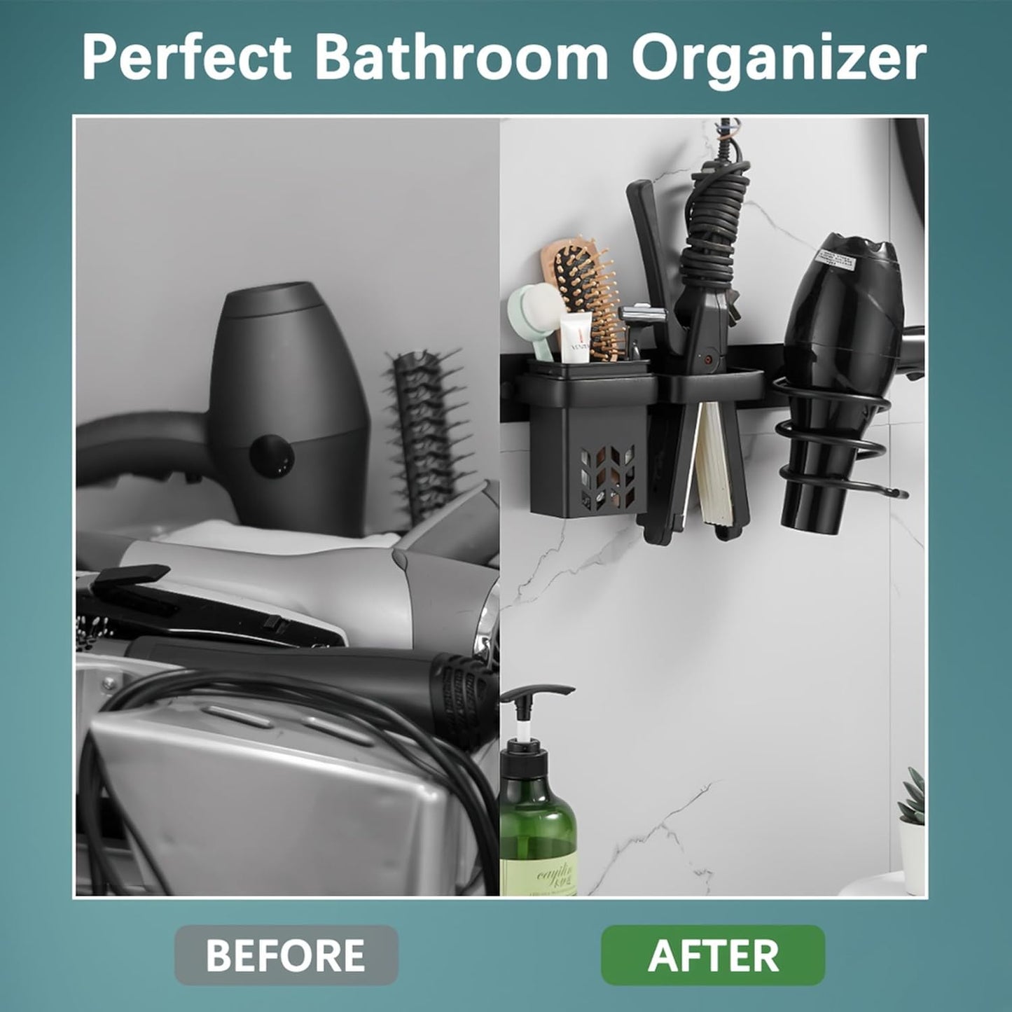 Hair Dryer Holder Wall Mounted, Storage Basket for Flat Iron, Curling Wand, Hair Straightener in Bathroom