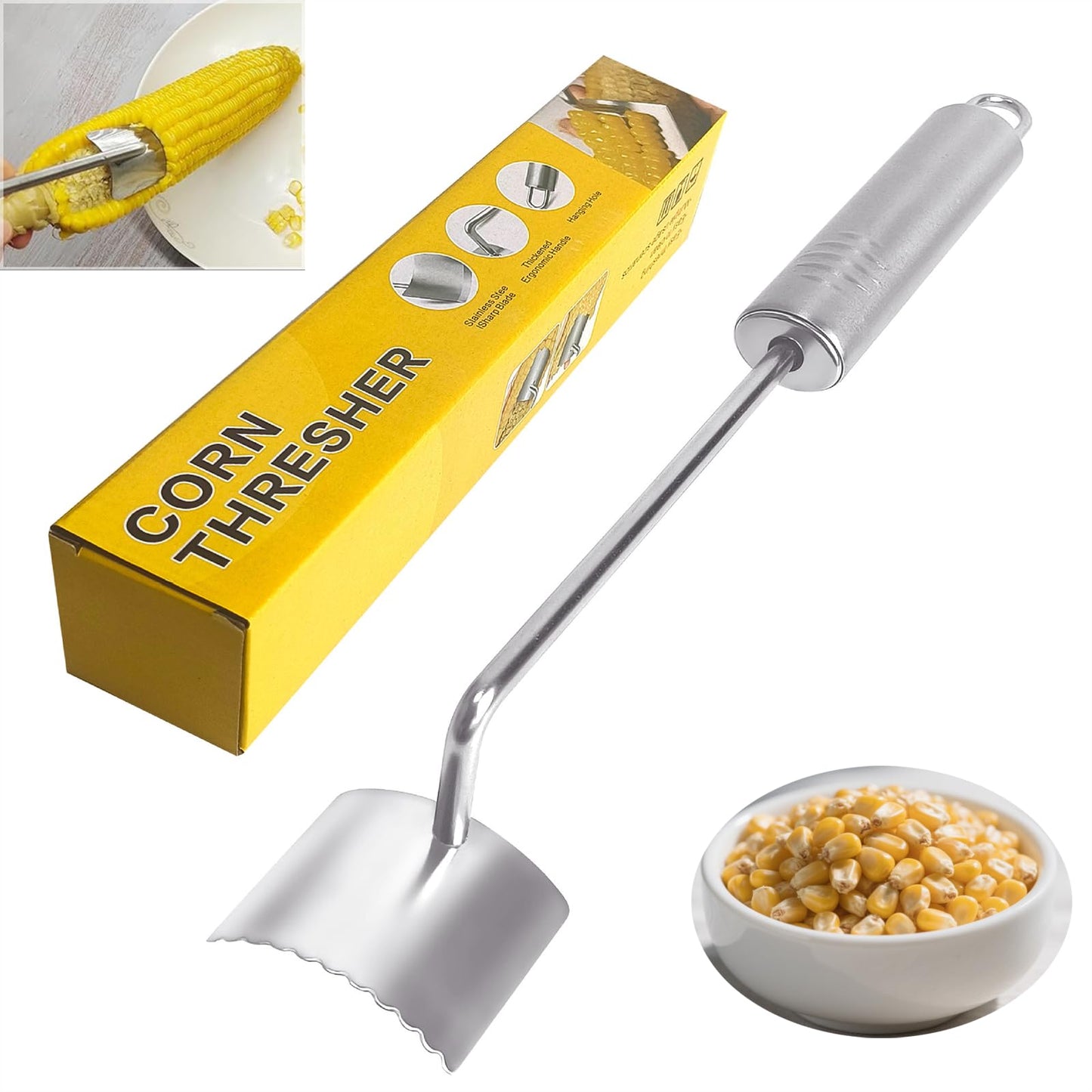 Corn Peeler For Corn On The Cob，2025 Upgrade Sawtooth Corn Cob Stripper Tool ，Ergonomic Design Ideal Tool For Long Handle Stainless Steel Corn On the Cob Stripper Tool (Silver, 1pack)