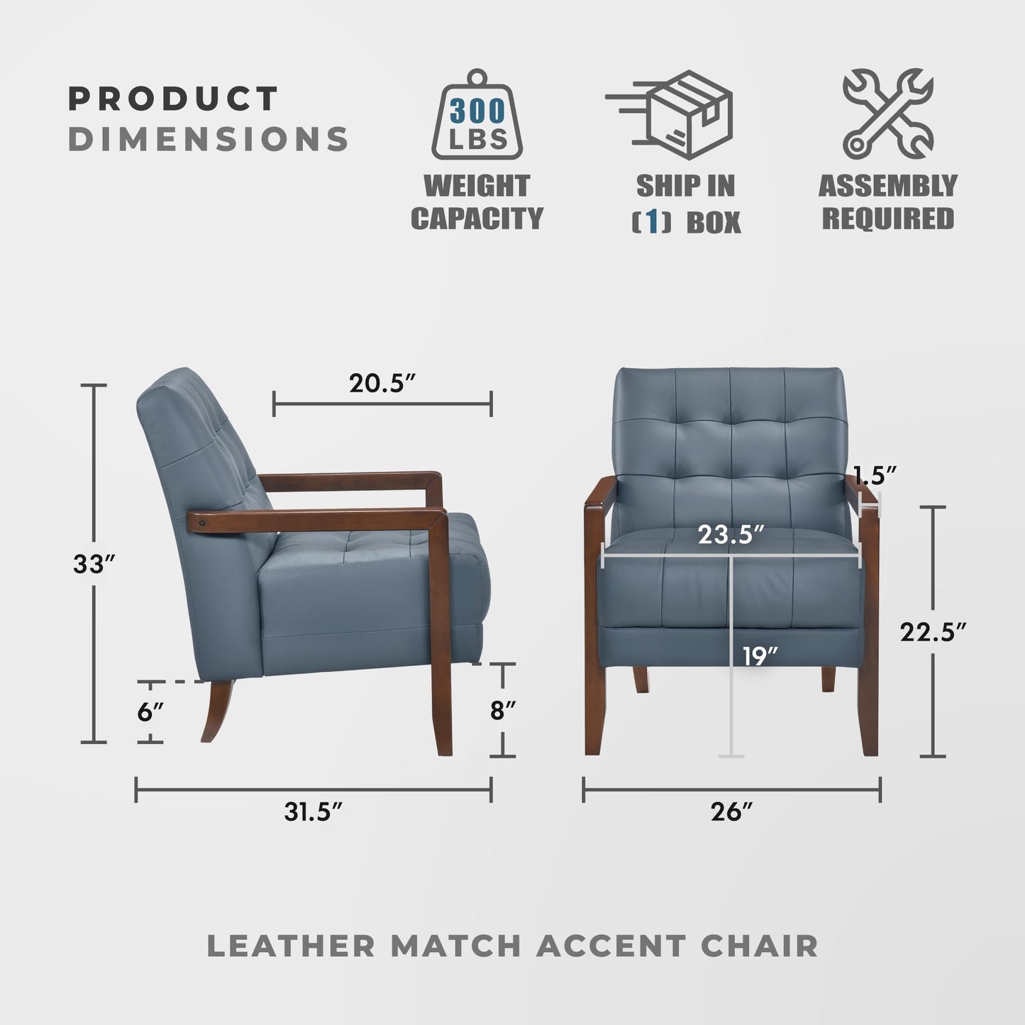 Lexicon Modern Accent Chair, Luxury Genuine Leather Match Living Room Chair with Tufted Cushions, Solid Wood Frame and Arm Rest, Comfy Upholstered Single Seat for Bedroom/Reading/Office, Blue