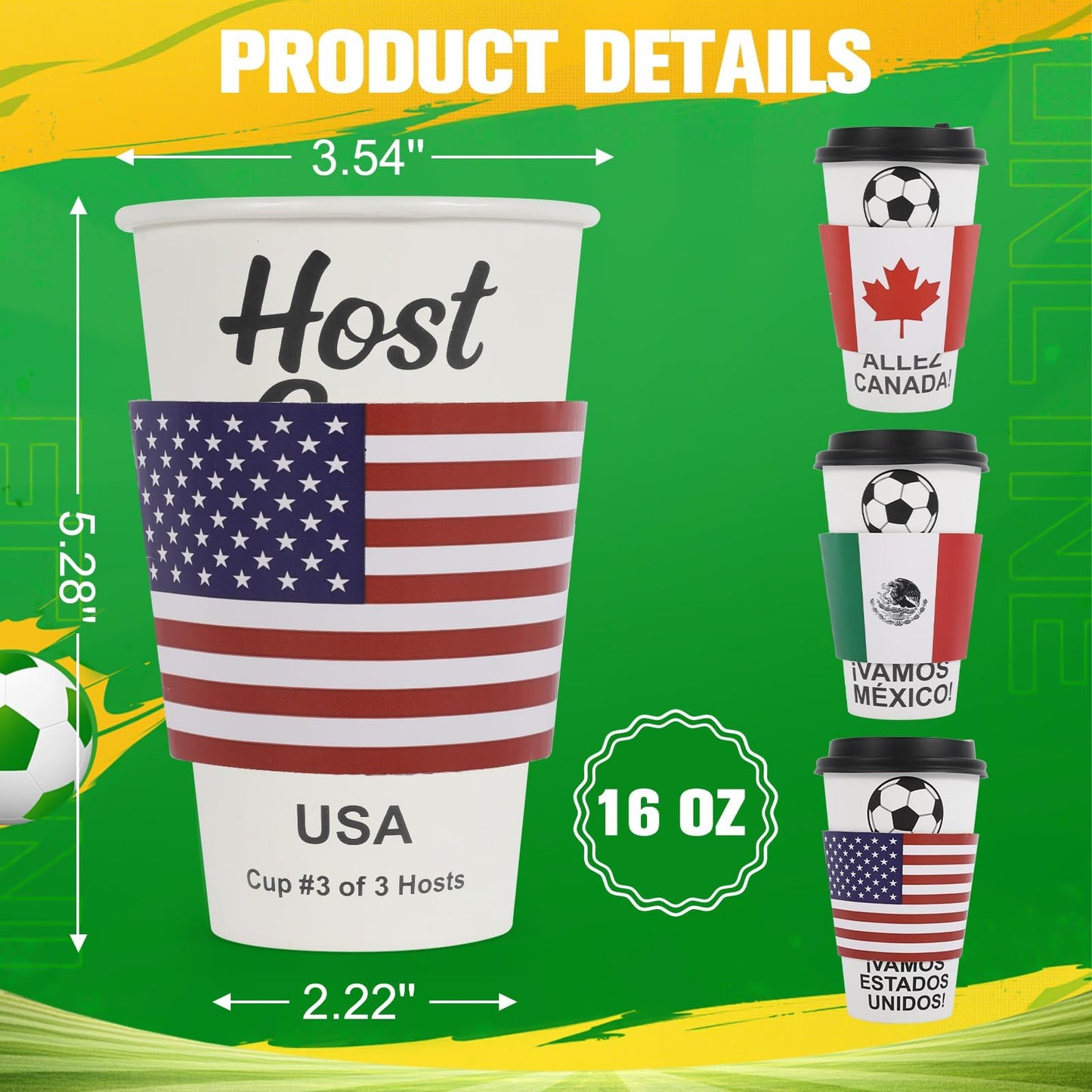 16 oz White Disposable Soccer Party Paper Cups USA (World Host #3) 24 Sets, To-Go Cups with Straws Lids Sleeves for Cold Drink/Hot Beverage, Compostable Water-Based Coating, Soccer Theme Supplies