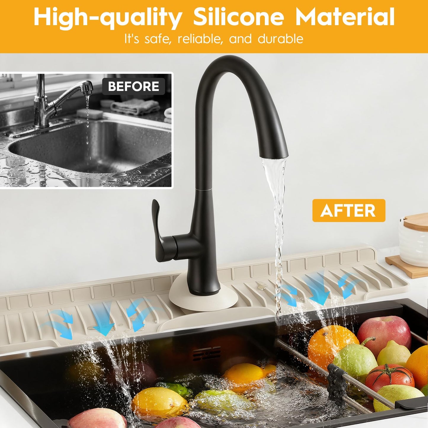 24" Silicone Faucet Mat for Kitchen Sink Released in 2025/12TH,8° Slope Fast Self-draining-Kitchen Sink Splash Guard,Bathroom Kitchen Sink Area Water Splash Guard Behind Faucet Draining Mat Beige