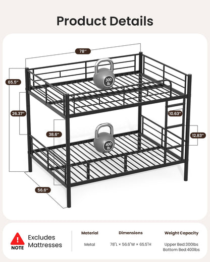 Mixcous Full Over Full Metal Bunk Bed for Adults & Kids, Convertible to 2 Separate Full Size Beds, Heavy Duty Bunk Bed Frame with Full-length Guardrail & EVA Padded Ladder, No Box Spring Needed, Black