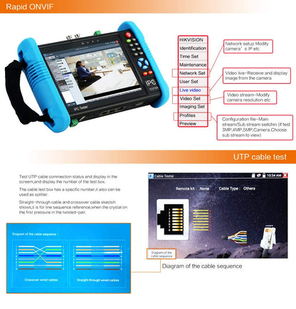 Koolertron 7" IPS Touch Screen 4K H.265 IP Camera Tester - IPC-9800 Plus,CCTV, CVBS, Analog Tester, Built-in WiFi, POE, HDMI, RJ45 TDR, Dual Window, 8GB TF Card, Firmware