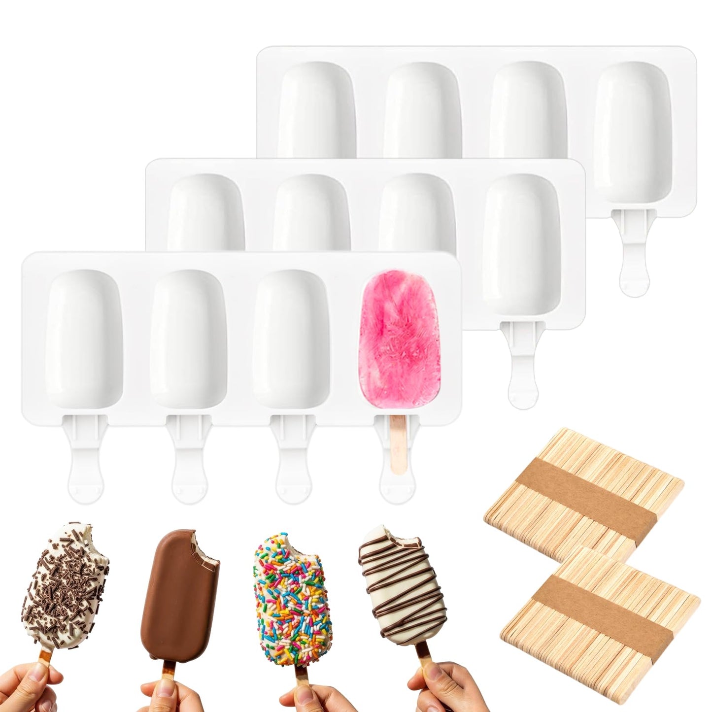 3 Set Small Silicone Popsicle Molds Ice Cream Mould 4 Cavity Ice Lolly Mold White Oval Cake Pop Mould with 150 Pieces Wooden Sticks for DIY Cream Popsicle Cake