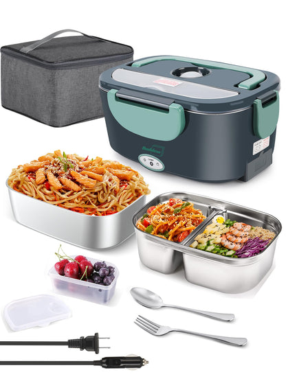 Buddew Electric Lunch Box 80W Food Heater with Dual Container, Portable Lunch Warmer for Adults, Upgraded Heated Lunch Box for Car/Truck/Office (GREEN-Dual Container)
