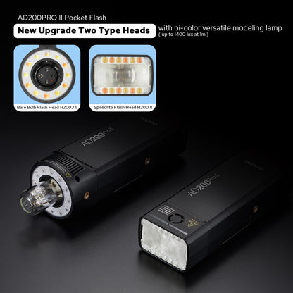 Godox AD200 Pro II AD200Pro II Pocket Outdoor Flash Strobe, 200Ws 2.4G TTL 1/8000s HSS Monolight, 0.01-1.8s Recycle, GODOX AD200ProII AD 200 Pro II Upgraded Flash Head, Color Indicator and Screen