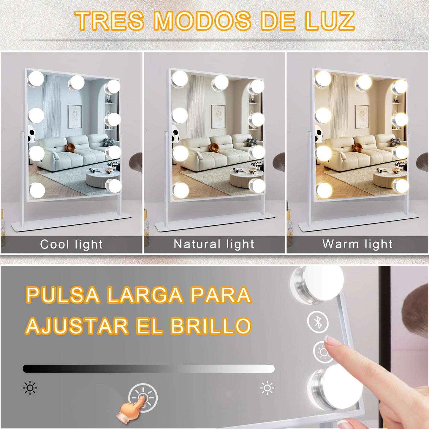 FENCHILIN Vanity Mirror with Light Lighted Makeup Mirror Vanity Makeup Mirror Smart Touch Control 3Colors Dimable Light Detachable 10X Magnification 360°Rotation(White)