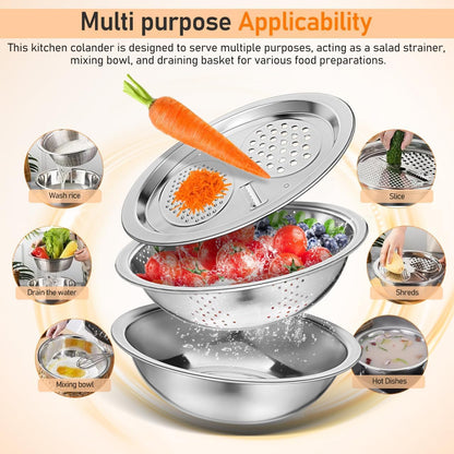 Stainless Steel Mixing Bowls Set, Grating Bowl, 3 in 1 Multifunctional Stainless Steel Basin Strainer Set with Grater, Strainer Drain Basket for Rinsing Draining Mixing (10.2"/26cm)