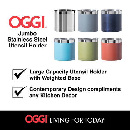 Oggi Stainless Steel Jumbo Utensil Holder - 7" Utensil Caddy, Weighted Base for Stability - Extra Large Utensil Crock and Countertop Utensil Organizer, Stainless Steel