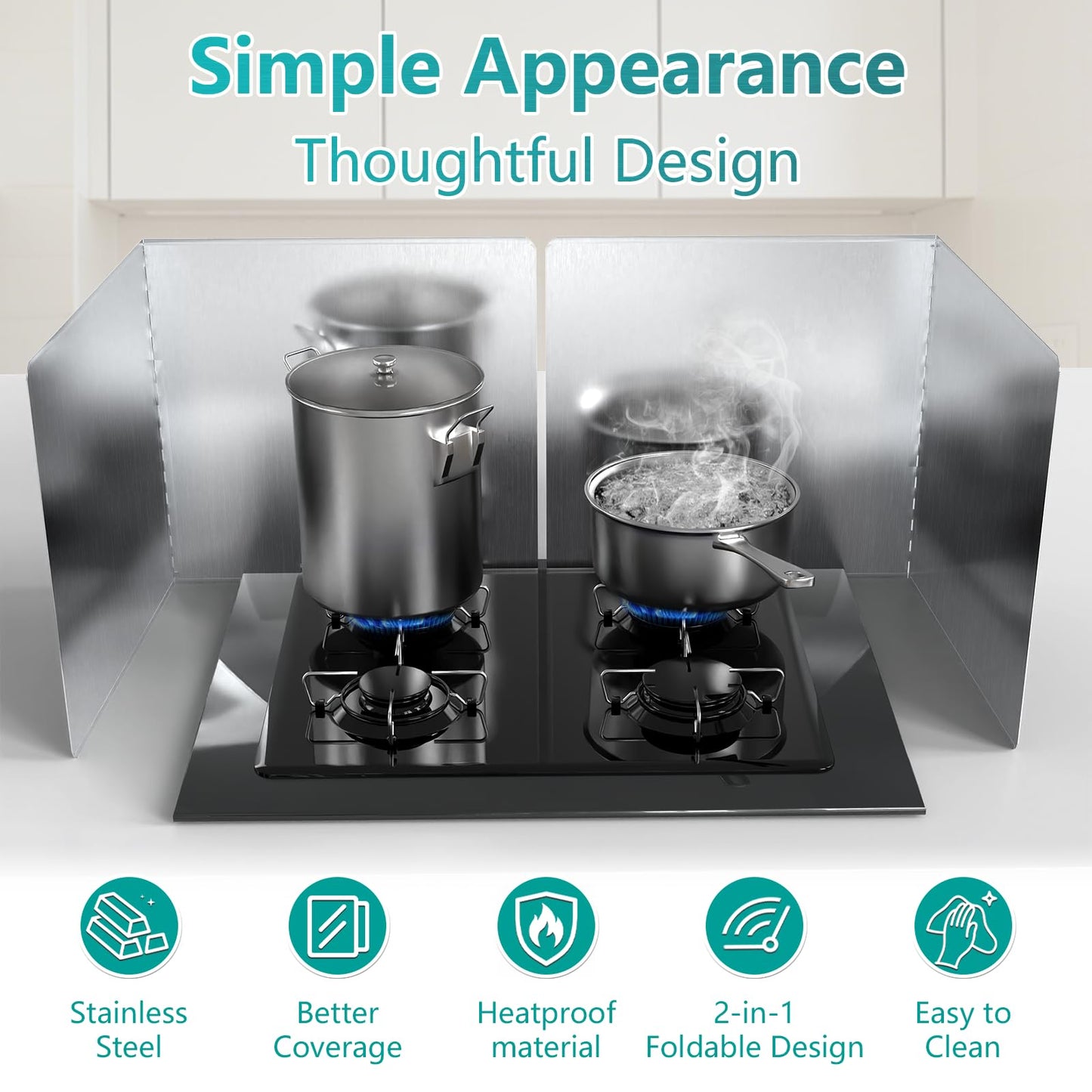 18"x16" Stove Splash Guard 2 Pack, Foldable Stainless Steel Backsplash, Heat Insulation Oil Splash Protector with Edge Guard for Kitchen Countertop