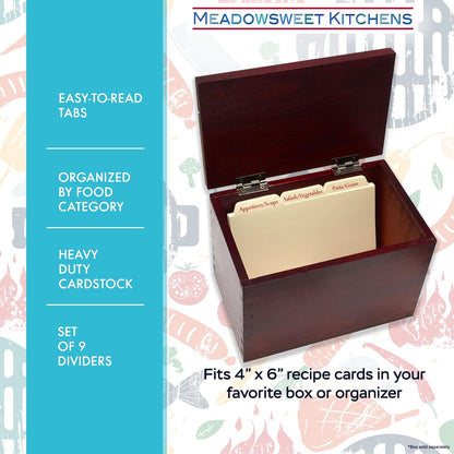 Meadowsweet Kitchens Recipe Card Box Tab Divider Set: Set of 9 Tab Dividers for 4x6 Recipe Cards