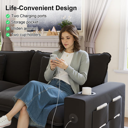 KCGKCG 152" Modular Sectional Sofa, L Shaped Cloud Couch with Movable Ottoman, Chenille Deep Seat Cloud Sofa with Charging Station, Cup Holder, Side Pocket, Sectional Couches for Living Room, Black