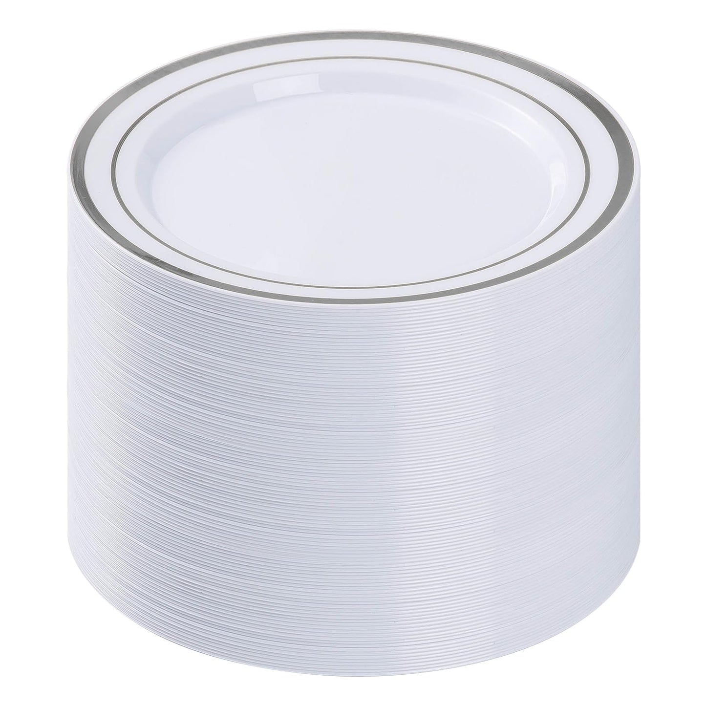 BESTVIP 100PCS Silver Plastic Plates, 10.25 Inch Disposable Dinner Plate Party with Silver Rim for Christmas, Thanksgiving, Heavy Duty Disposable Plastic Plates for Party, Wedding and Birthday, Events