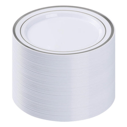 BESTVIP 100PCS Silver Plastic Plates, 10.25 Inch Disposable Dinner Plate Party with Silver Rim for Christmas, Thanksgiving, Heavy Duty Disposable Plastic Plates for Party, Wedding and Birthday, Events