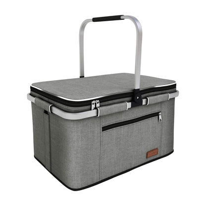 LIQING 35L Large Picnic Basket 2 Layers of Internal Pockets Leak-Proof and Insulated ，Folding with Internal Support for enhansed Stability, Wedding Gifts for Couple(Grey)