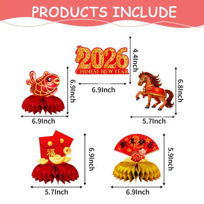 Chinese New Year Party Decorations,Include Lunar New Year Banner,Hanging Swirls,Background and Honeycomb Centerpieces for Spring Festival Celebrations Decorations.