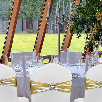 Spandex Gold Chair Sashes - 50 Pack Stretch Chair Bands with Buckles for Wedding & Event Decor - Metal Gold
